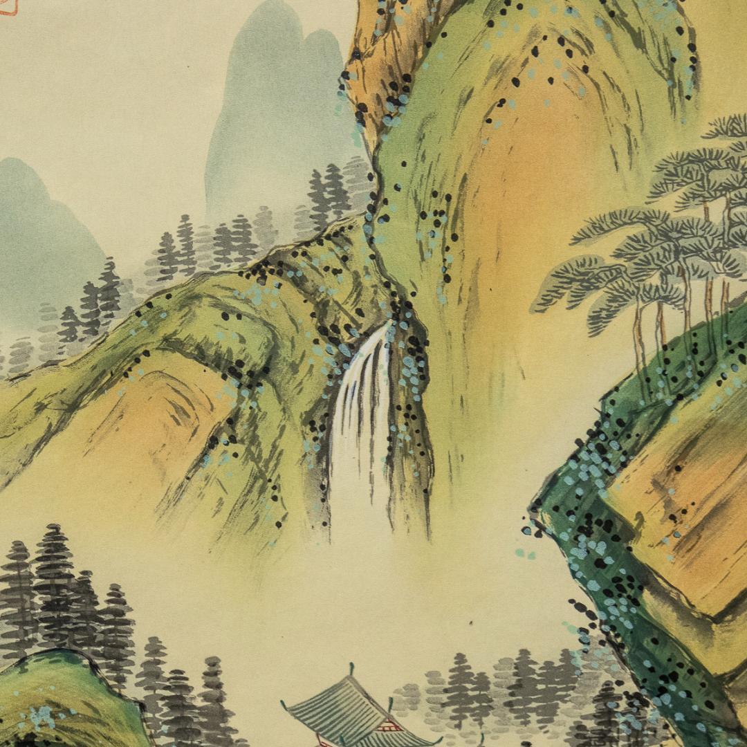 掛軸-1083 芳文 彩色南画山水図 共箱 青緑山水 大幅 - メルカリ