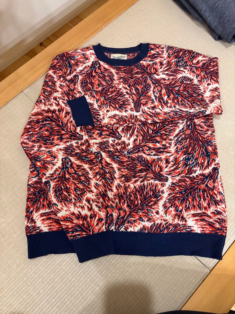 赤と青の葉柄 100%ウール Lサイズ セーター イタリア製 COLORE ITALIA ボーダー 総柄 ノルディック柄 アクリル