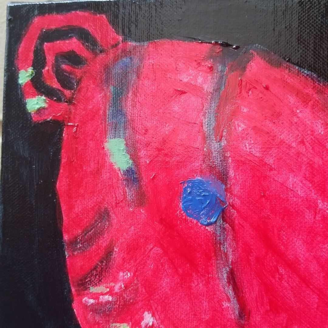 油絵 専用 赤い鳥の家族と赤い花