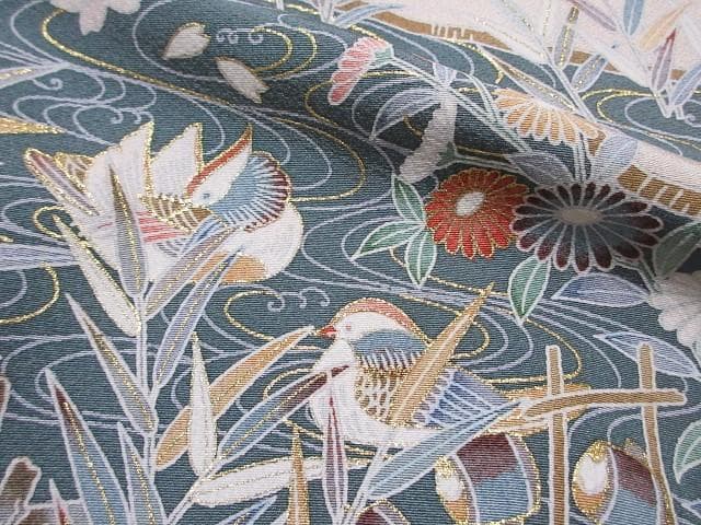 訪問着：美品-花と水流とオシドリと民家：高級品グレー：袷正絹：