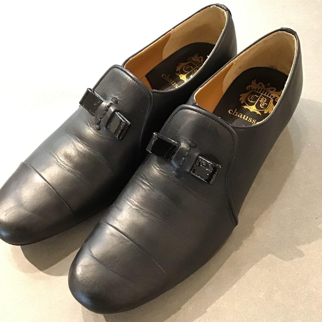 chausser ショセ＊黒 スリッポン キャップトゥ シューズ 革靴 39