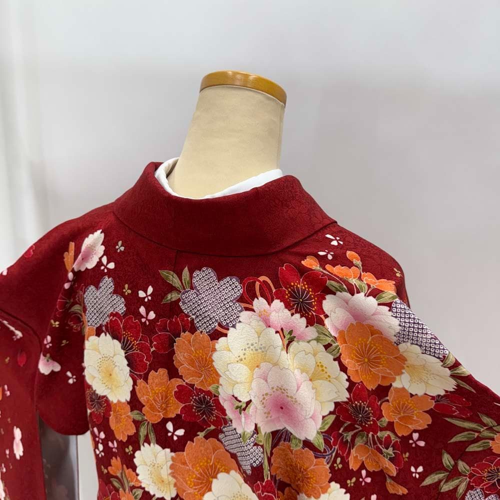 振袖 正絹 赤 黄色 古典花柄 裄68㎝ 成人式 中古 c-82 - メルカリ