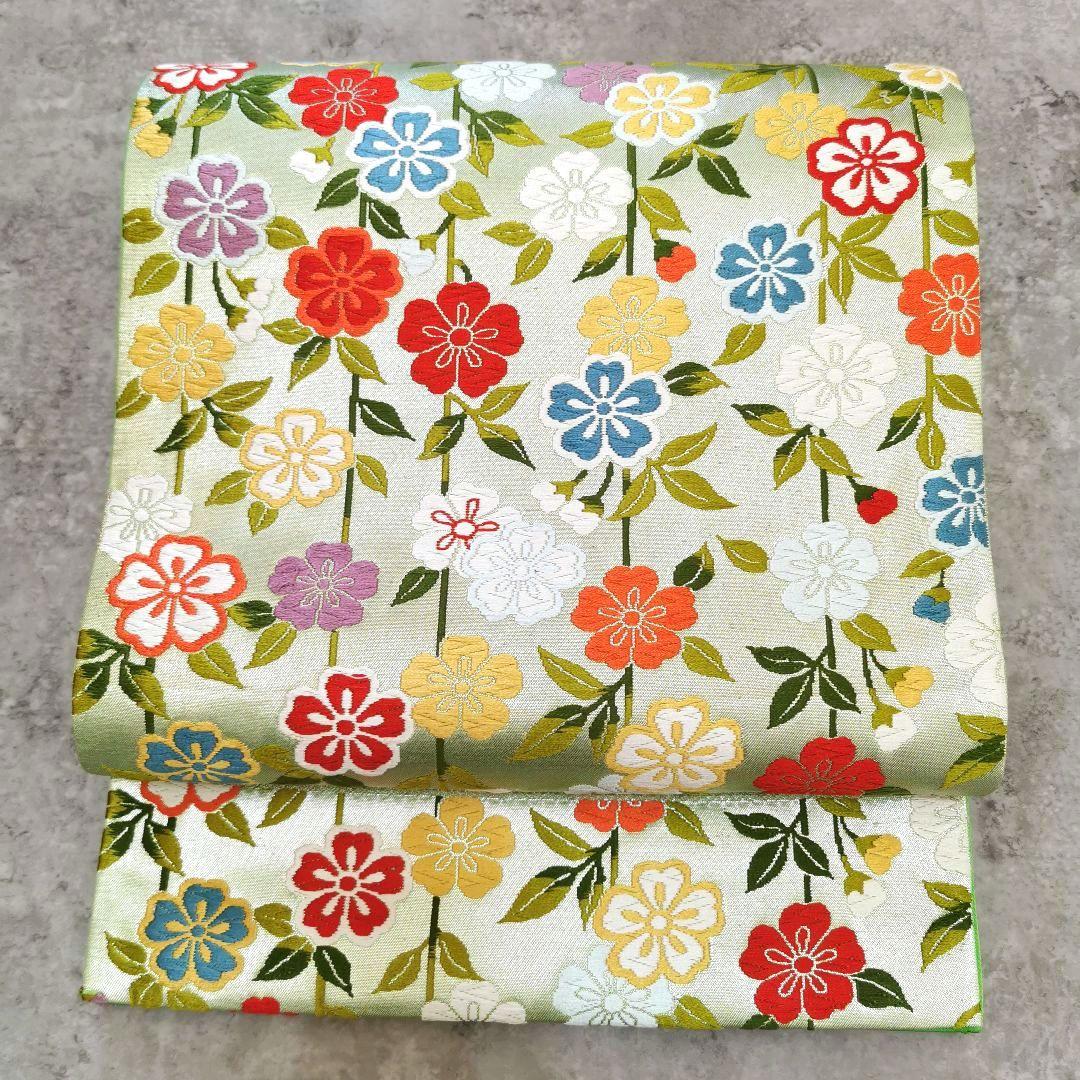 お花畑】レアなグリーン カラフルお花畑な 贅沢 唐織 袋帯