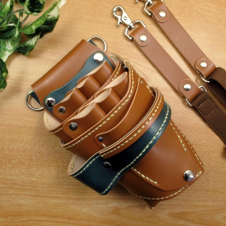 キャメル＆ディープグリーン　６丁差し　本革シザーケース　SCA-151/CCA シザーケース キャメルベージュ ハサミ6丁 本体・ベルト本革 美容師