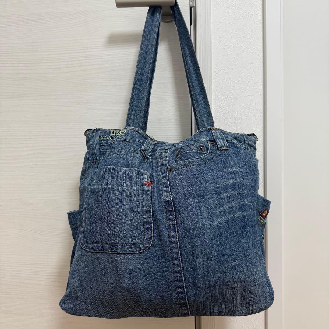 デニムリメイク トートバッグ 肩掛け ハンドメイド 大容量 A4可 花柄