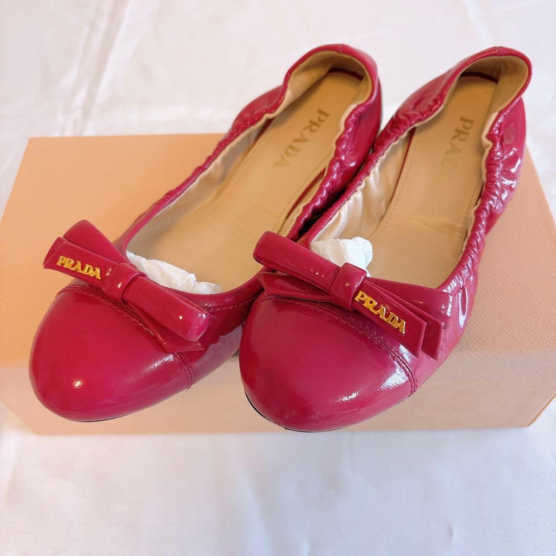PRADA パンプス バレエシューズ プラダ フラット ピンク 38 リボン
