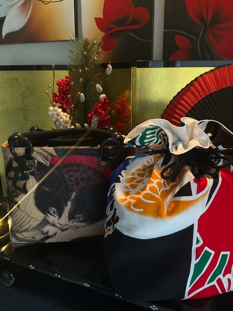 一閑張り 一閑張りバッグ 古文書 和紙 大正 着物 竹籠 小林清親 猫と