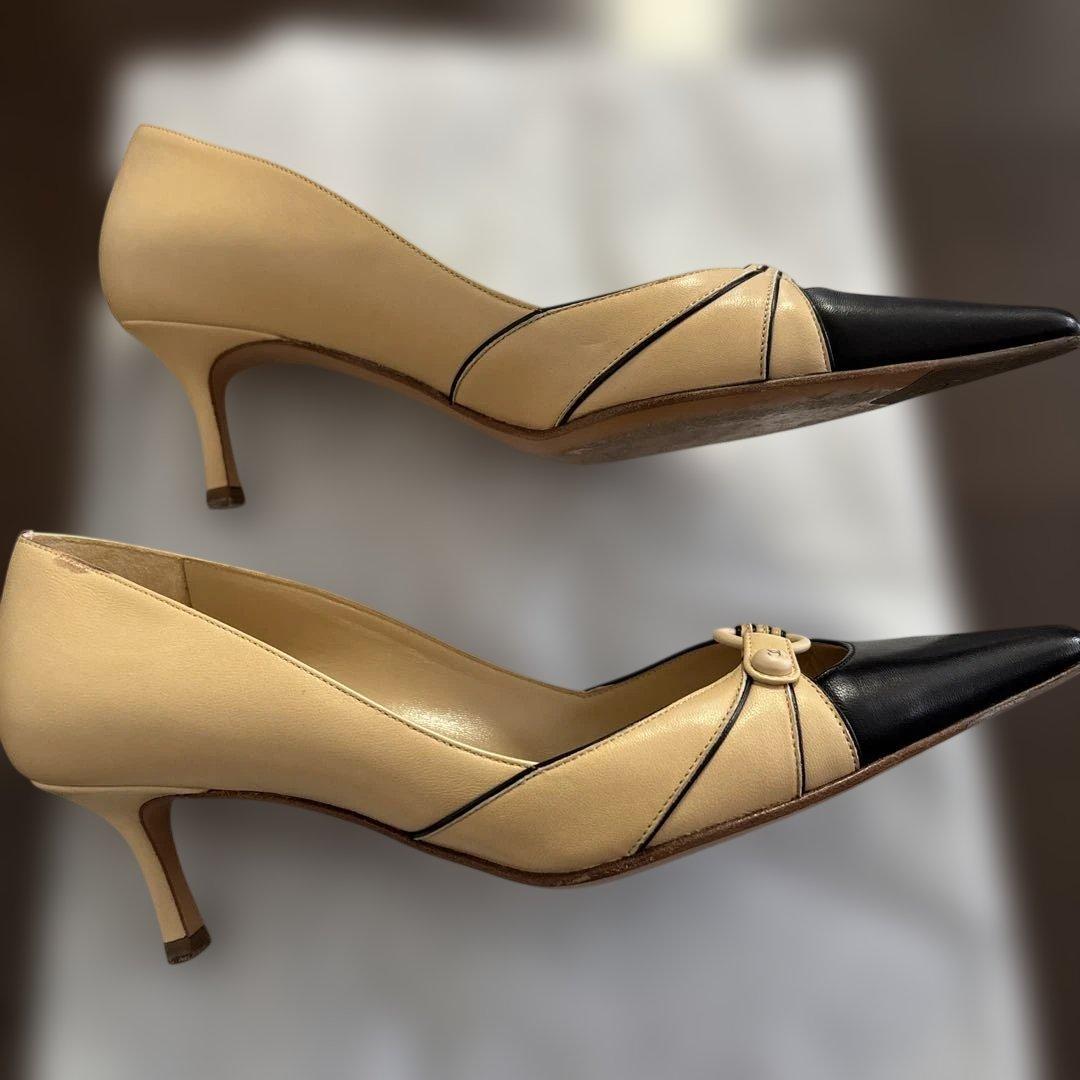 CHANEL ベージュ ブラック バイカラー ポインテッドトゥ パンプス37.5