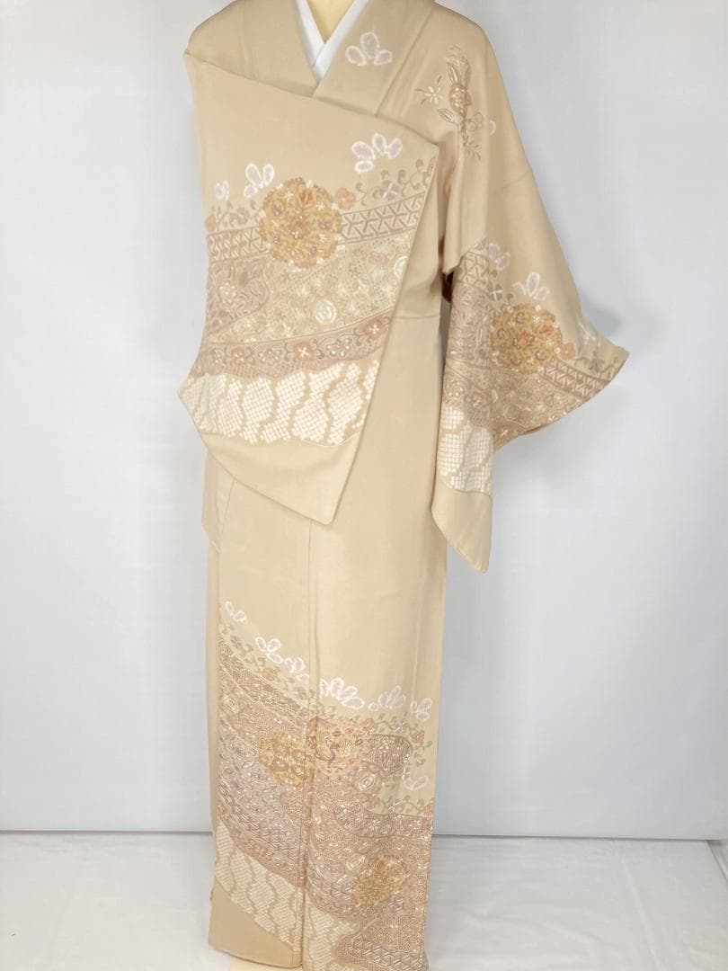 汕頭 蘇州 相良 総刺繍 中国三大 訪問着 袷 正絹 ベージュ クリーム