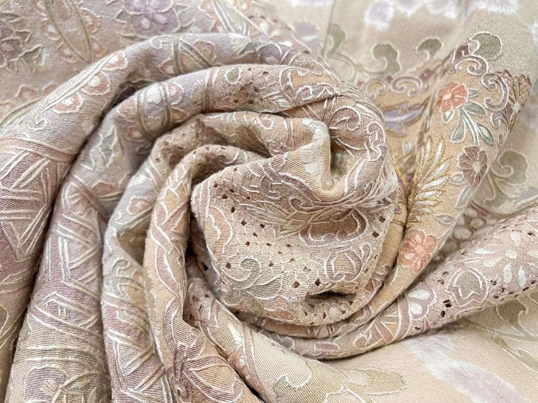 汕頭 蘇州 相良 総刺繍 中国三大 訪問着 袷 正絹 ベージュ クリーム