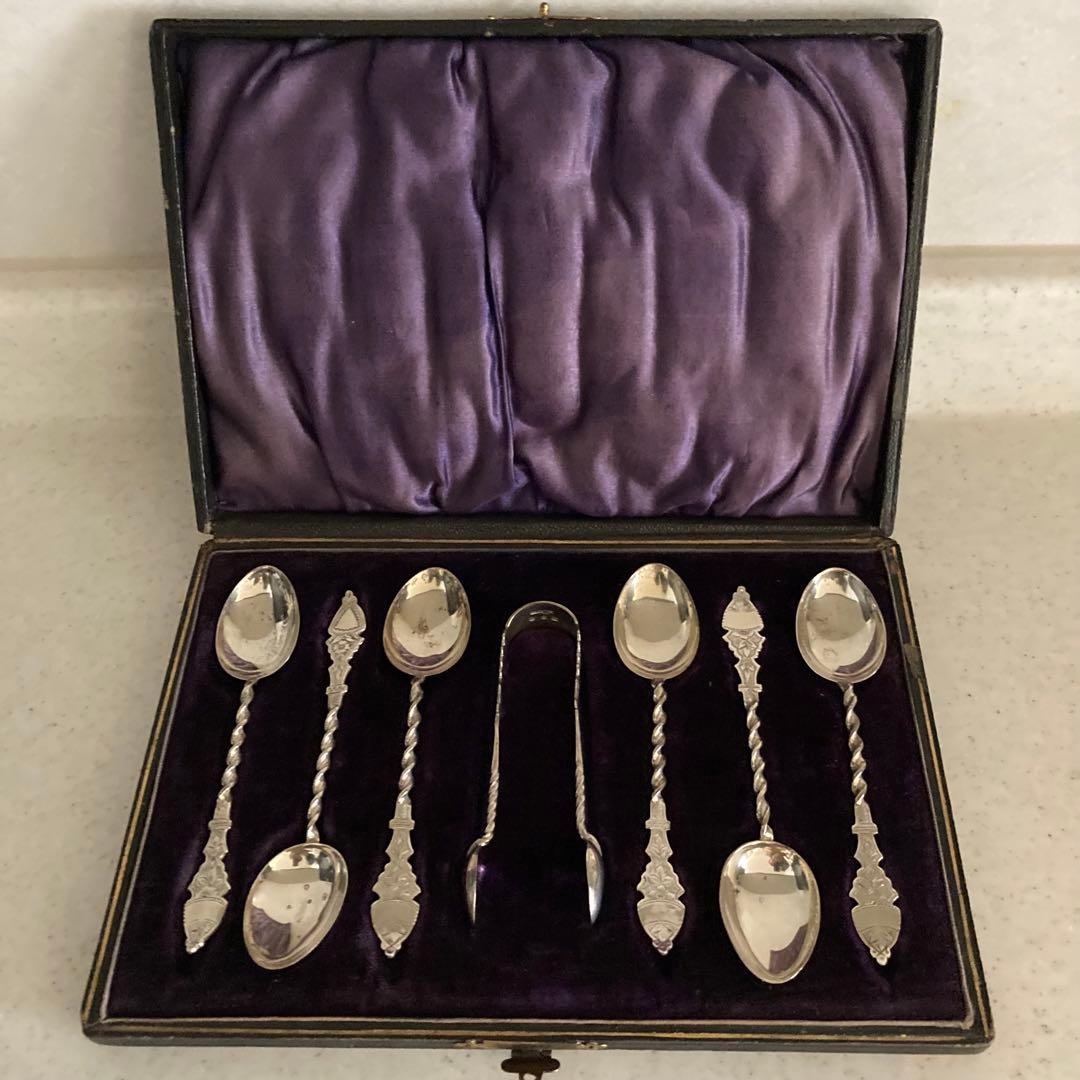英国アンティーク 純銀製ティースプーン&トングセット　英国バーミンガム 英国アンティーク銀器【純銀】William Comynsセット◇ティースプーン6