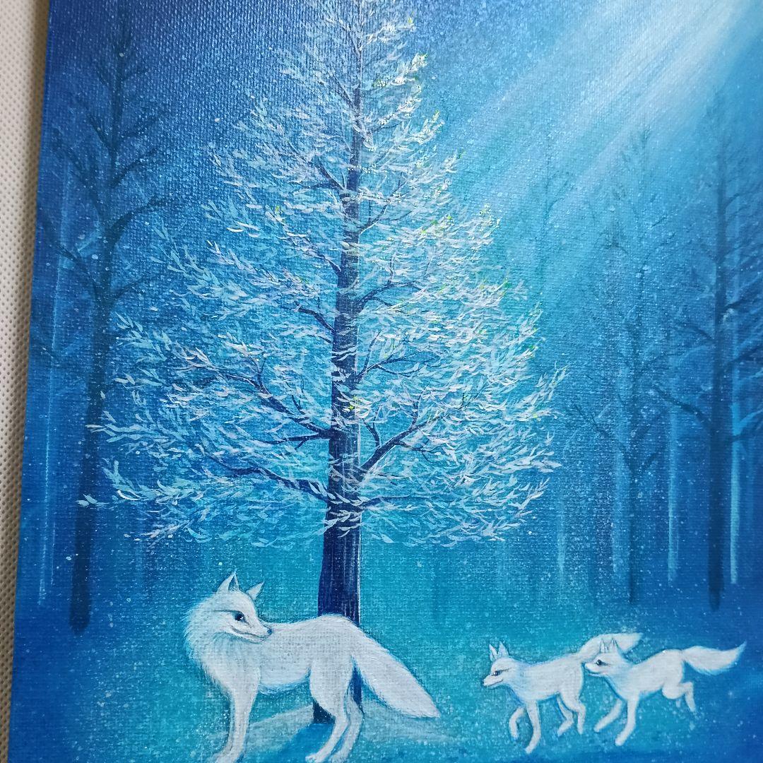 No.537 F3 アクリル画 原画 狐の親子 白狐 青い絵 青い森 ツリー