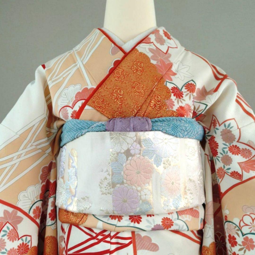 一部式 振袖用作り帯 雪輪に花 十三参りにも 作り帯付け帯 胴巻き～90