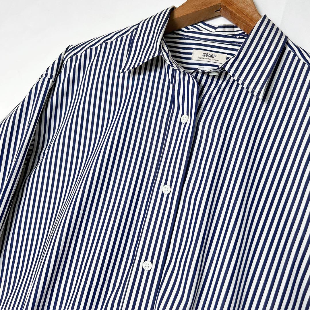 L'ESSAGE Thomas Mason レギュラーカラー ロングシャツ 紺 - メルカリ