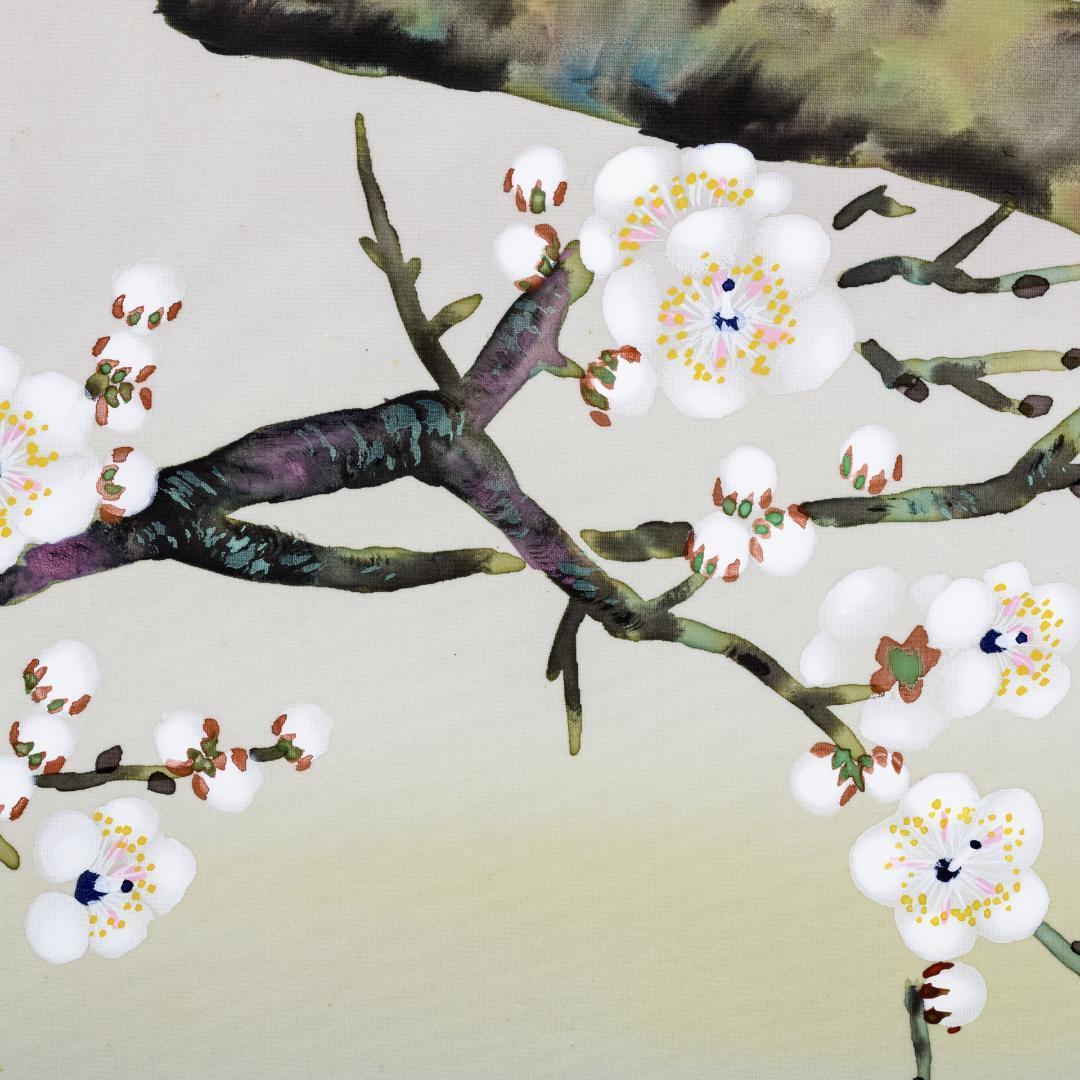 F10 肉筆水彩 日本画 梅とメジロ 高級木製額縁付属 外寸約713×638mm