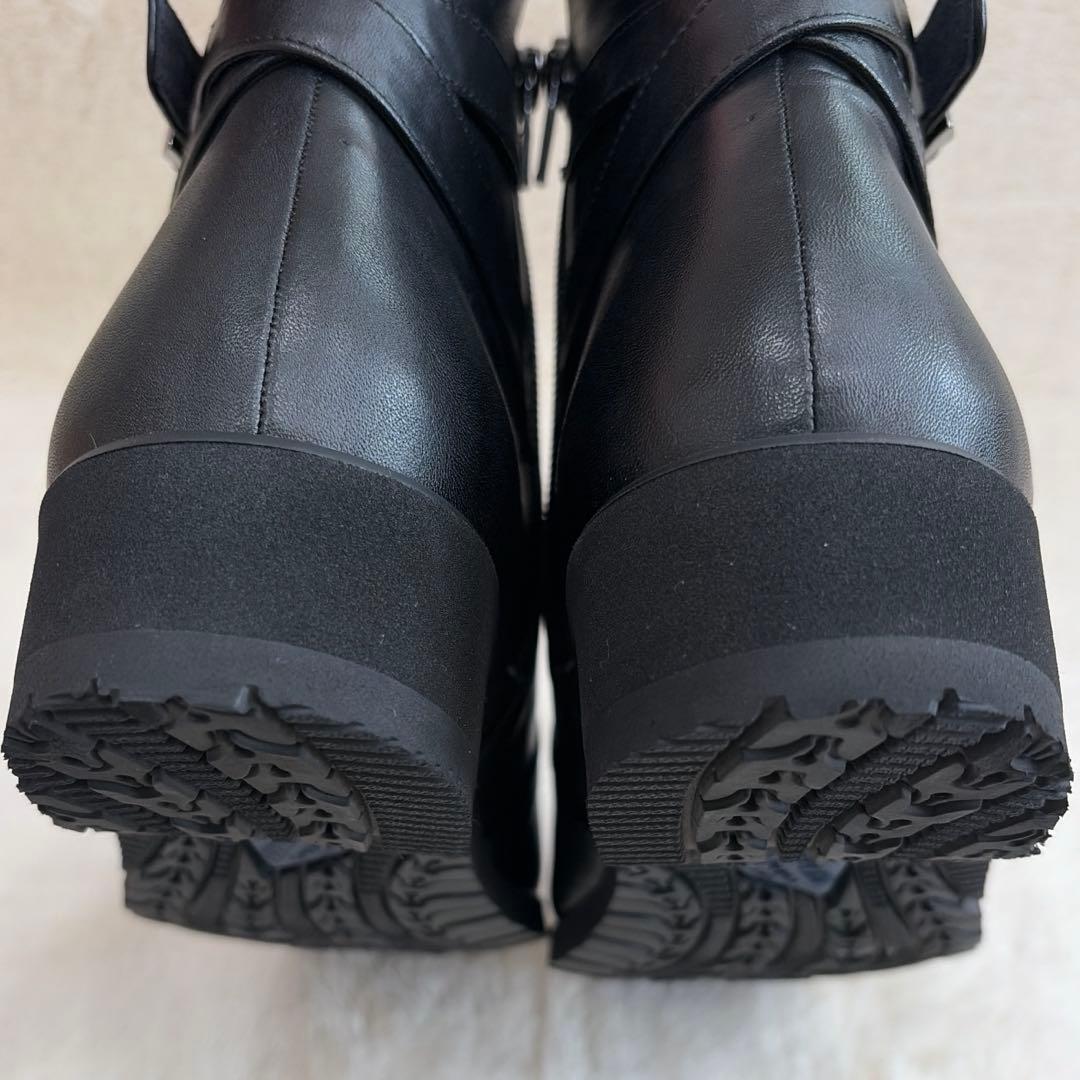 ペダラ】23.5 アシックス ショートブーツ クロスベルト 黒 サイド