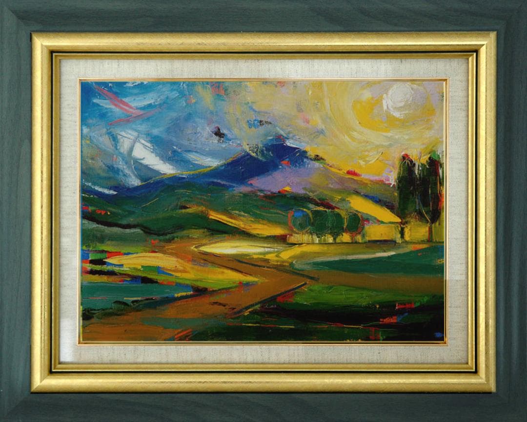 油絵 菅家令子 絵 絵画インテリア額付(青緑＋金色の枠)F4-081411風景陽 油絵 菅家令子 絵 絵画インテリア額付(青緑＋金色の枠) F4-071012女性