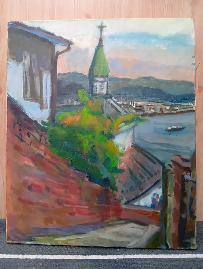風景画 油彩画 多彩な色使い　 タイトル『長崎港の天主堂』 楽天市場】長崎（油彩画｜絵画）：アート・美術品・骨董品・民芸品
