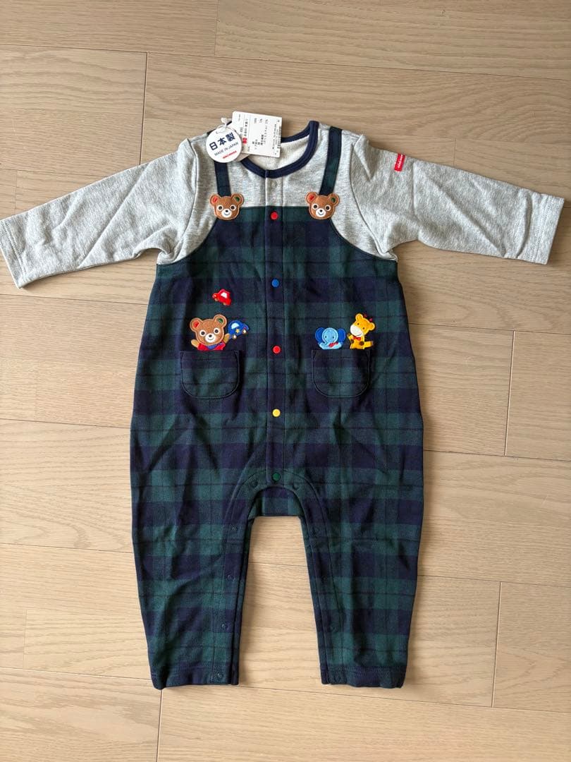 新品未使用」 ミキハウス 80㎝ ロンパース・カバーオール グリーンチェック