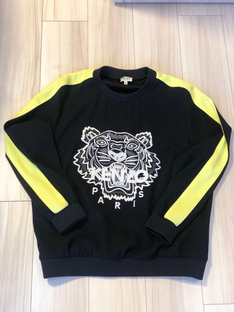 希少 KENZO トラ刺繍 スウェット M 黒/イエロータイガー ライン 蛍光