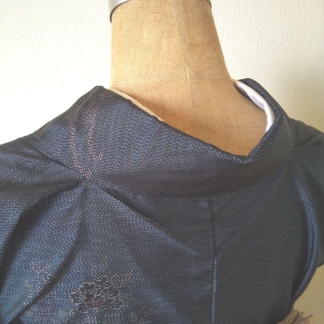 ent様専用・正絹・大島紬・紺系・地紋・花柄・袷・一部仕付け糸付き