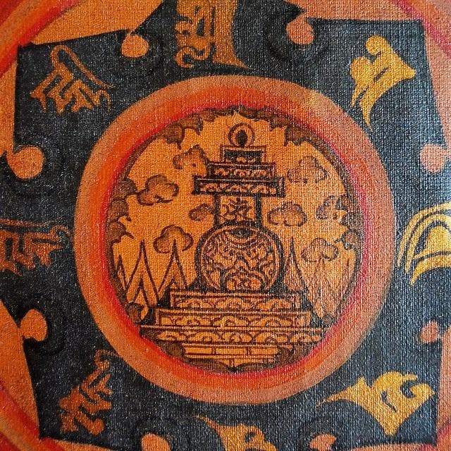 オンマニペメフム マントラ 曼荼羅 ストゥーパ ： タンカ 仏画（額縁