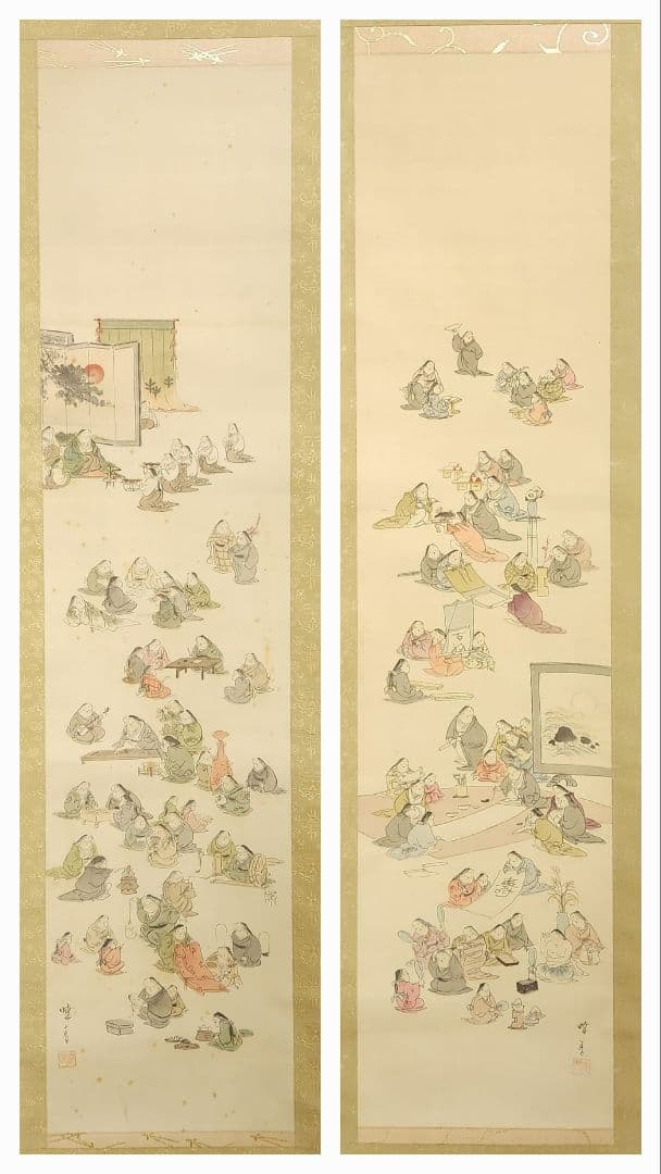 お多福/百福年中行事図】土屋暁春 727 双幅 お福さん 正月 掛け軸 肉筆