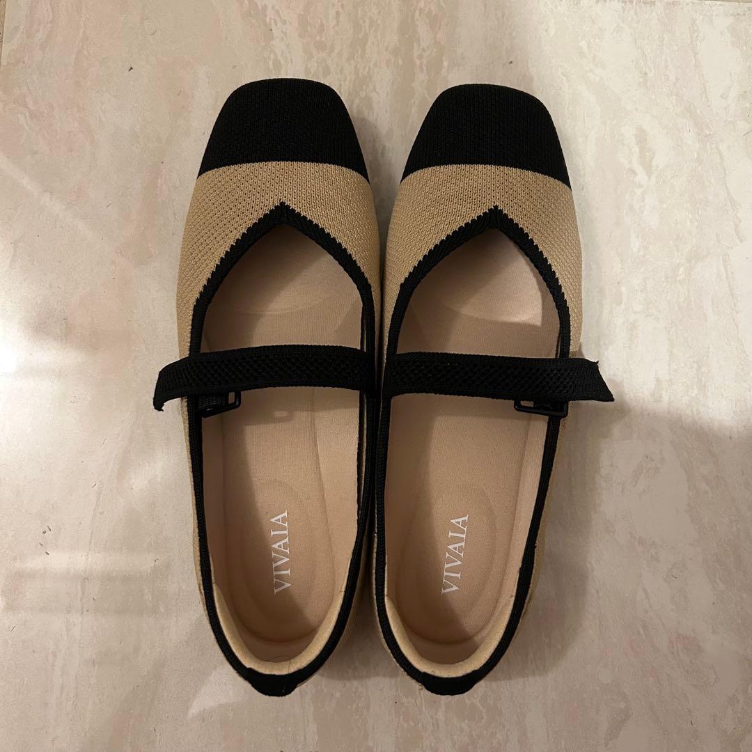 VIVAIAスクエアトゥメリージェーンフラットシューズ35.5ベージュブラック Margot™ Mary Jane]スクエアトゥ メリージェーン フラットシューズ