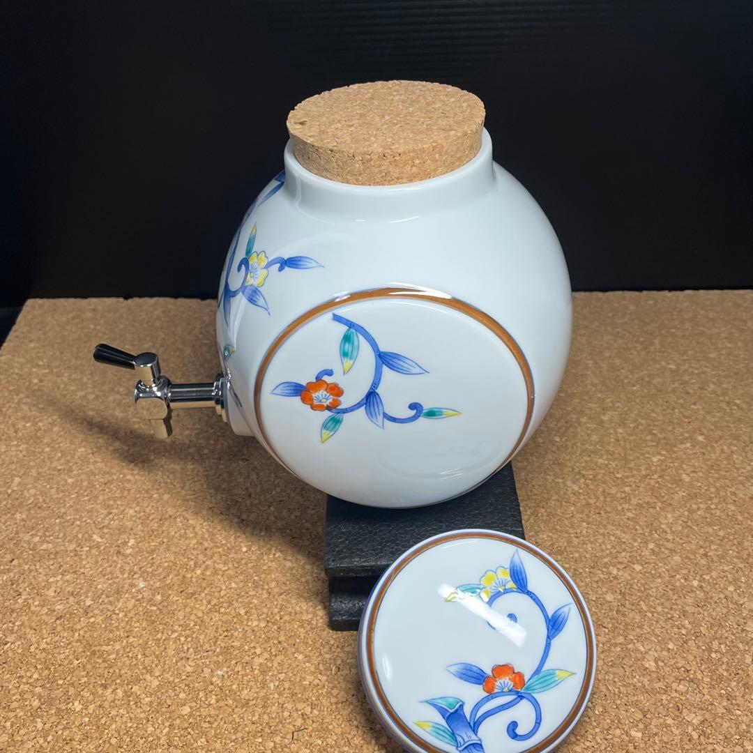 未使用】有田焼.華山萬右衛門窯 染錦枝花酒器/陶器製花枝保冷サーバー