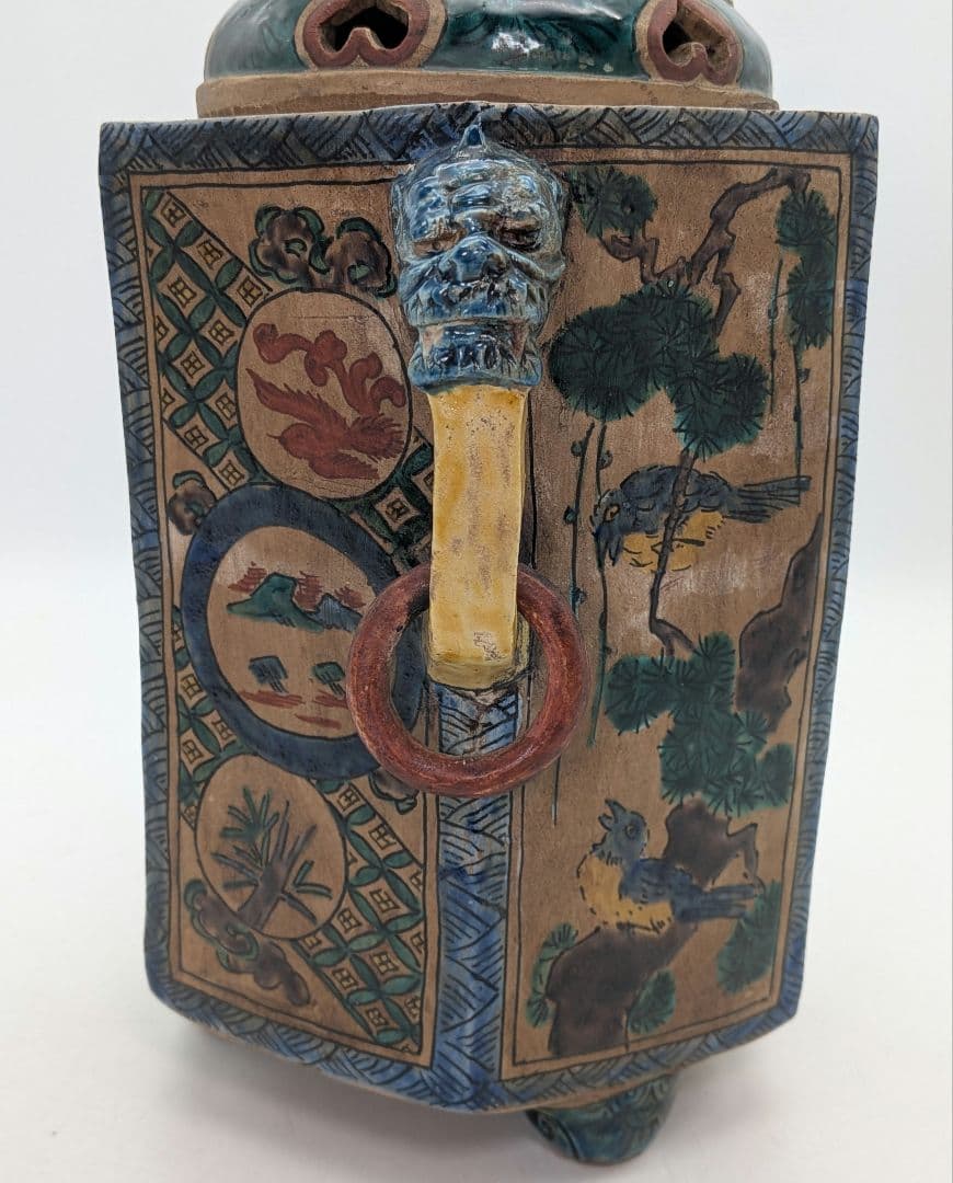 江戸期 古九谷 青手鳳凰摘三足香炉 合箱 角福 九谷焼 色絵窓絵 山水図