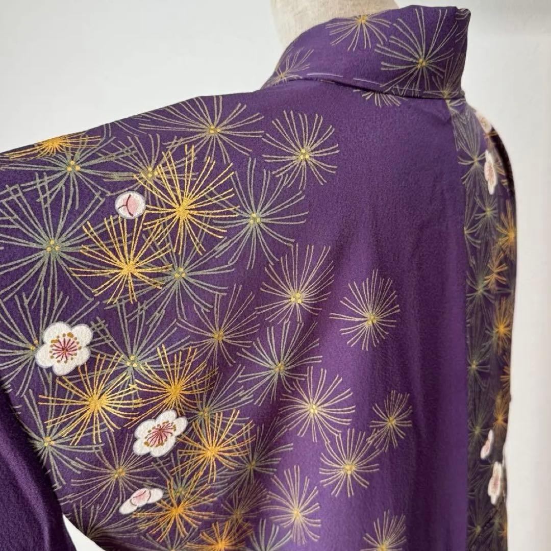 しつけ付き 正絹 やまと 小紋 着物 袷 165裄65 紫 梅 金彩 トール