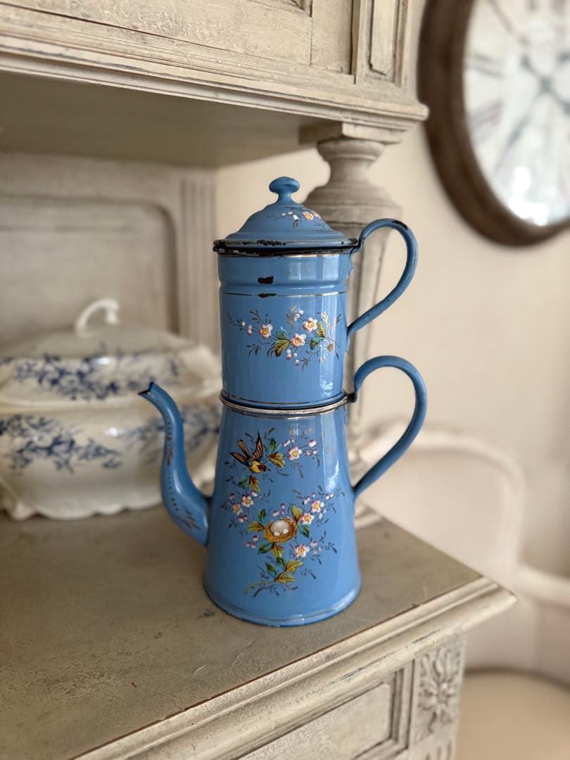 フランスアンティークレア!エトワール社小鳥と鳥の巣水色ホーローカフィティエール フランスから到着♪ETOILE（エトワール）社アンティーク・ホーロー