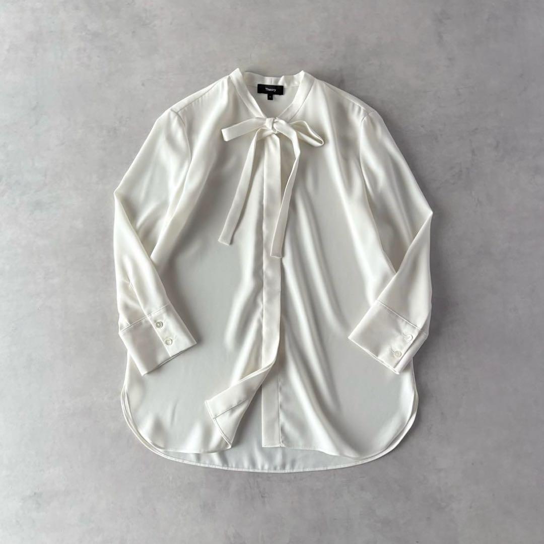 極美品　セオリー　長袖　ジョーゼット　タイブラウス　白 新品☆theory luxe セオリーリュクス ボウタイブラウス 長袖ブラウス