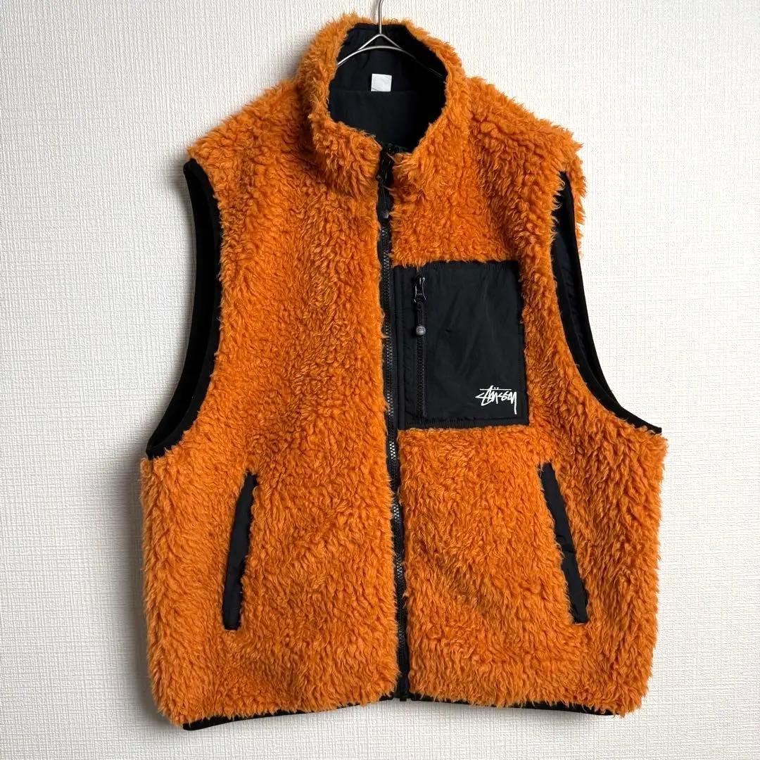 522 STUSSY リバーシブルボアベスト 橙×黒 フリース ストリート 映え Stussy ステューシー ベスト リバーシブル Reversible Stock Sherpa