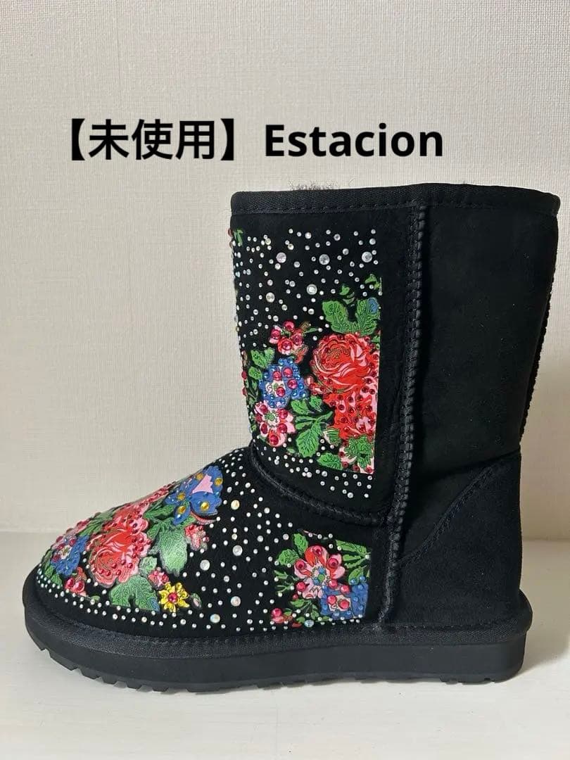 【未使用】エスタシオン 花柄刺繍　黒ムートンブーツ Estacion（エスタシオン） 送料無料 靴 ブーツ 本革 TGE479 レザー