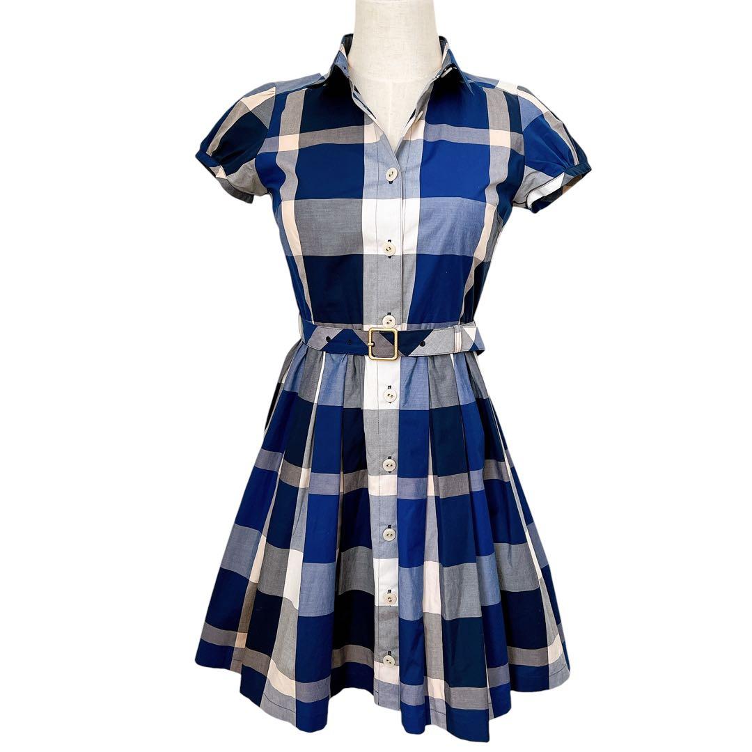 ブルーレーベルクレストブリッジ チェック柄シャツワンピース 膝丈 青