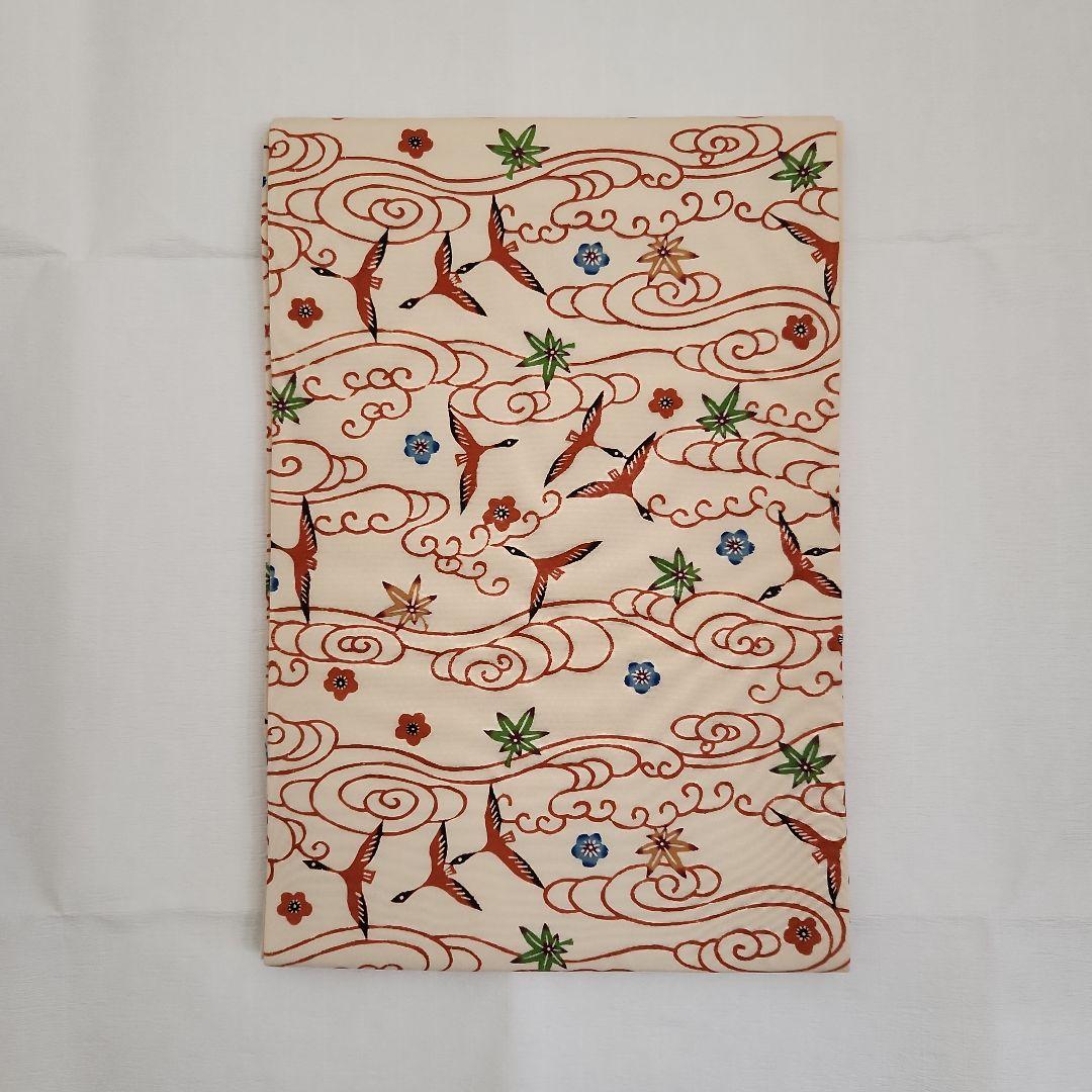 開き名古屋帯 塩瀬 染帯 九寸 紅型 雲間飛鳥文 朱色 オレンジ - メルカリ