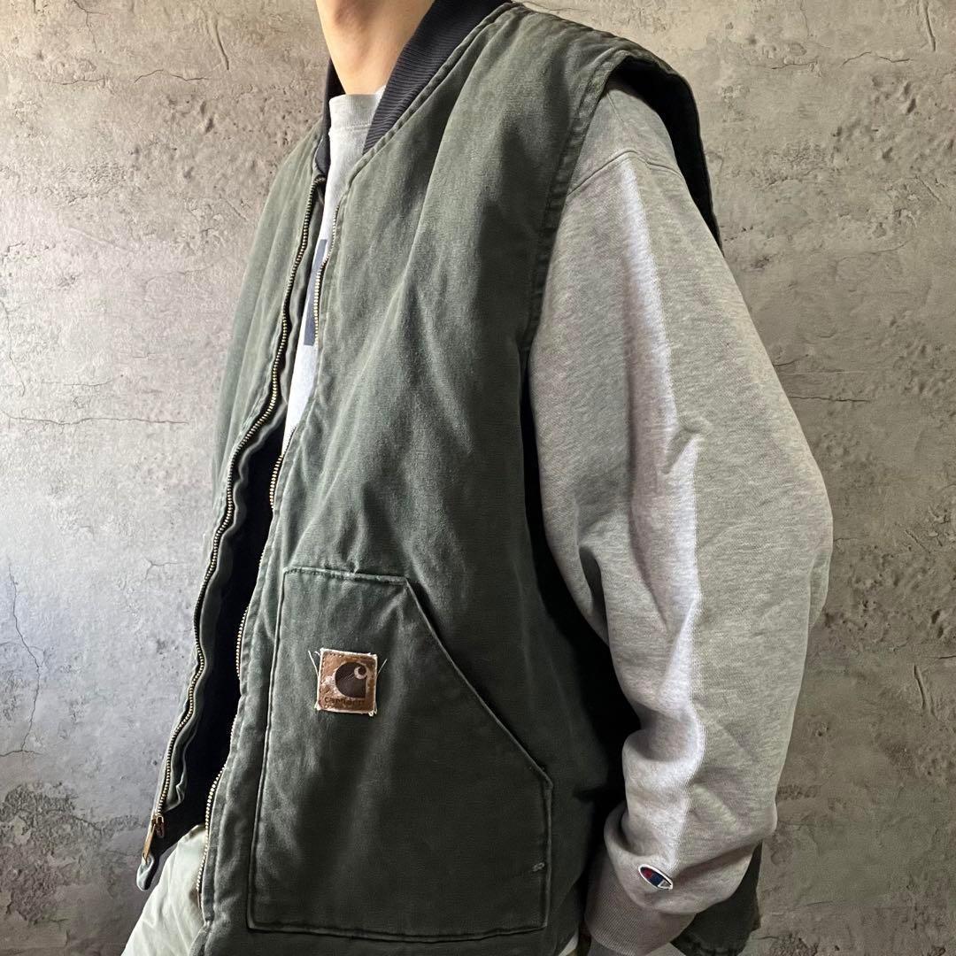 90s USA製 Carhartt カーハート ダックベスト モスグリーン 古着