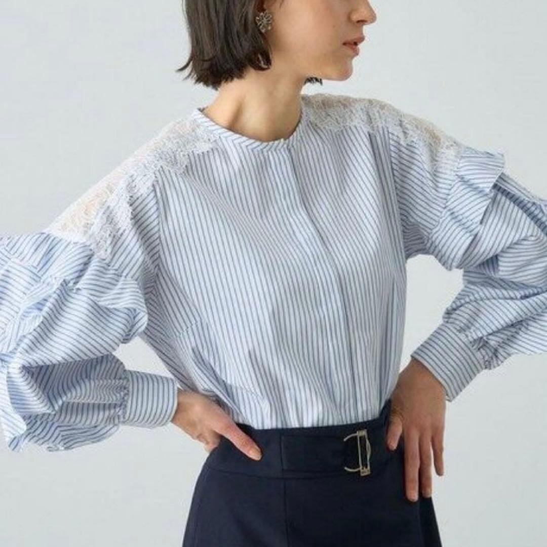 ANAYI アナイ コットン袖レースフリルブラウス ブルー 青 ホワイト 白 ANAYI（アナイ） ブラウス シャツ ラミーコットンレースギャザー