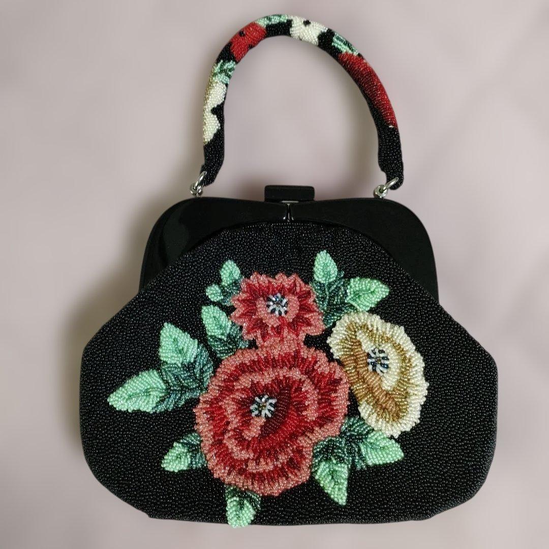 美品 ビーズバック 花柄 総ビーズ ハンドバッグ 和装 パーティ 昭和