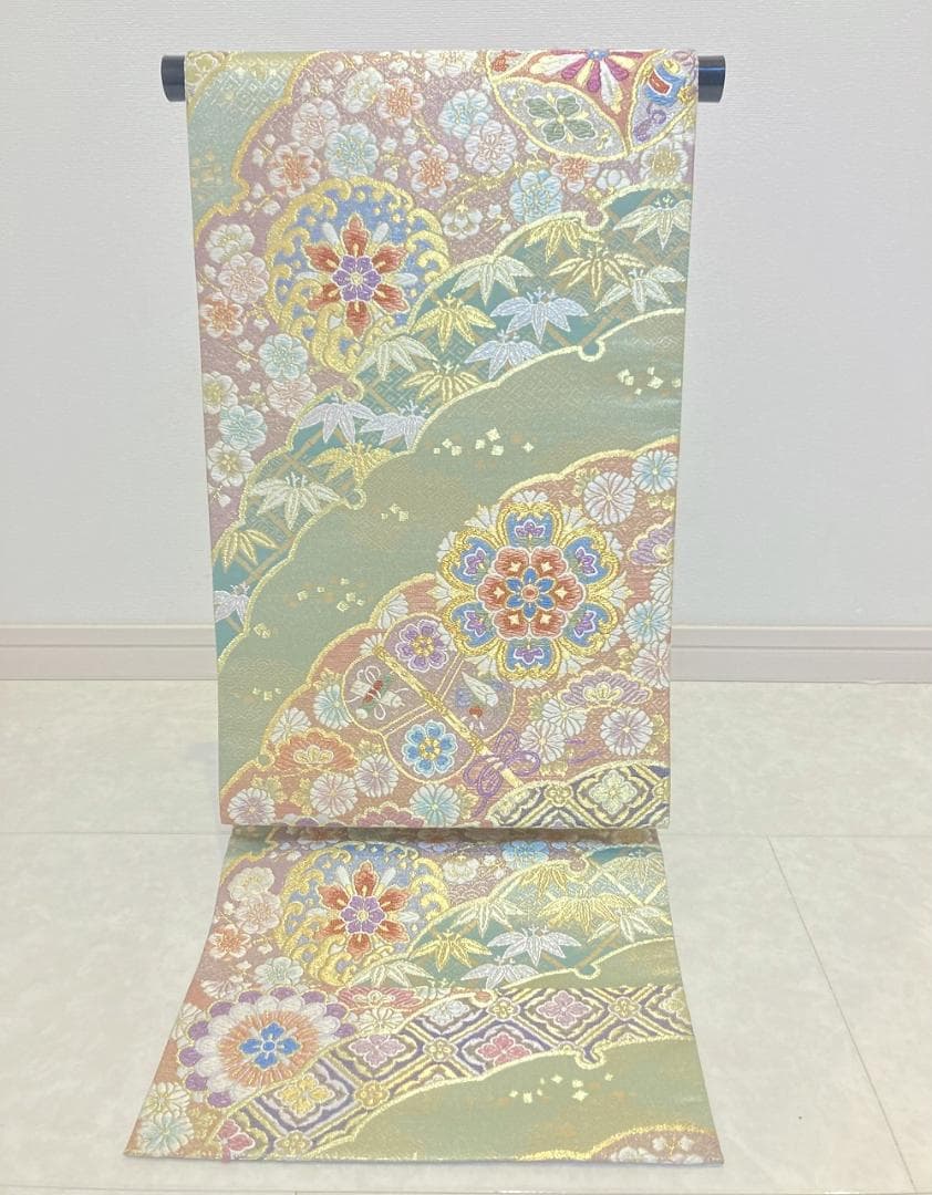 西陣織 唐織り 雪輪取り 銀通し 袋帯 正絹 白 ピンク 黄緑 パステル