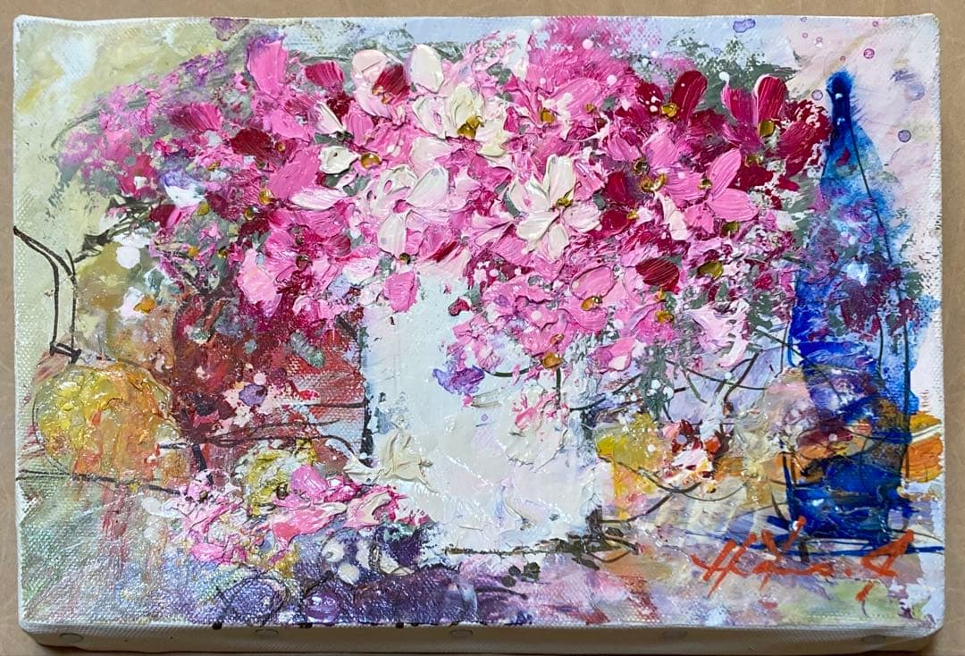 池田秀郎 油絵 「花」SM 肉筆 サイン有り 油彩 サムホール 額無し 静物