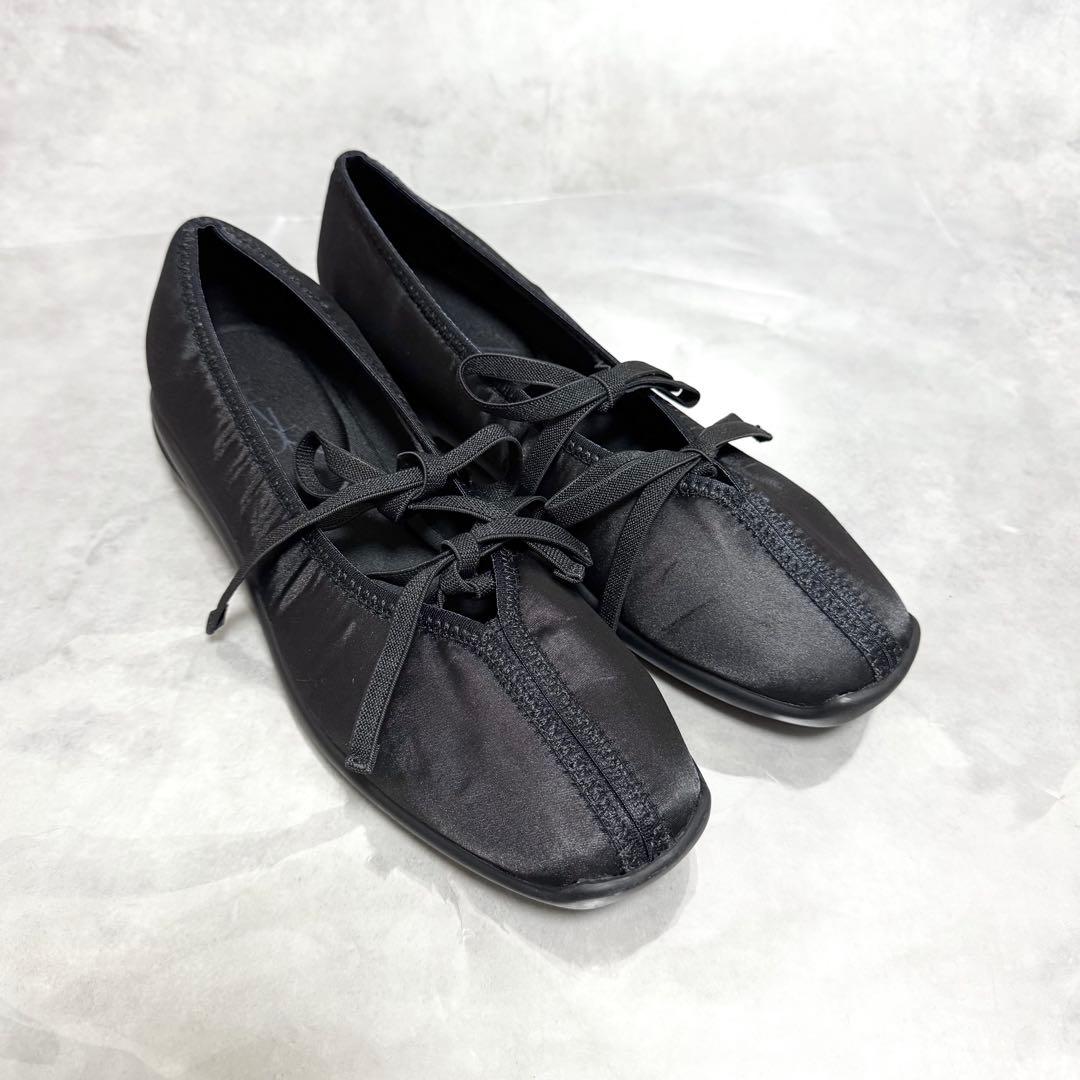 もえ ルタロン ダブルリボンバレリーナ 黒 24.5cm 防水 厚底