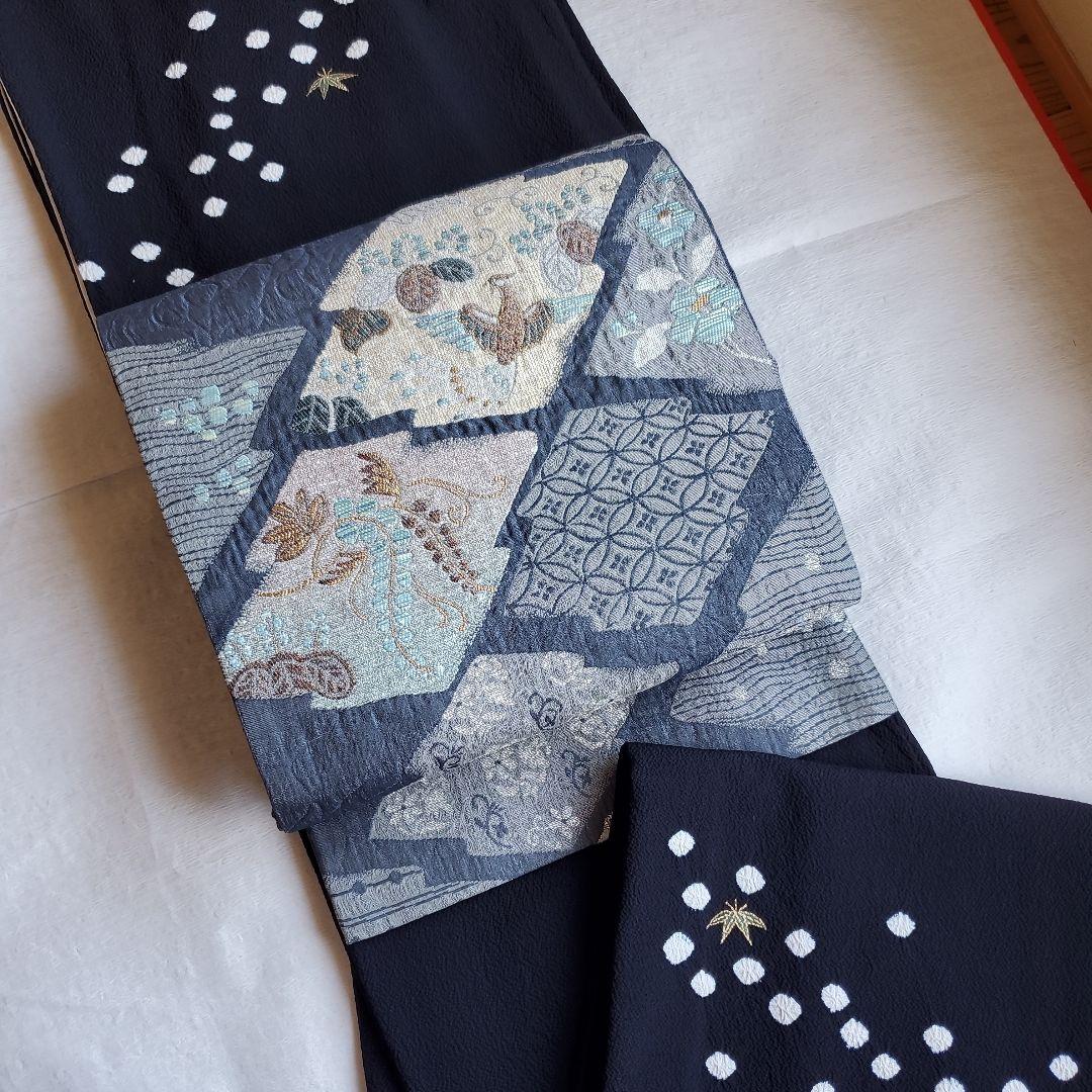 落ち着いたネイビーグレー鳳凰と草花模様の袋帯