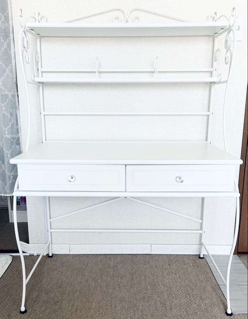 ロートアイアン　デスク　飾り棚　引き出し付き　ホワイト デスク コンソールテーブル 引出し付 ロートアイアン 幅76.5cm （ 机