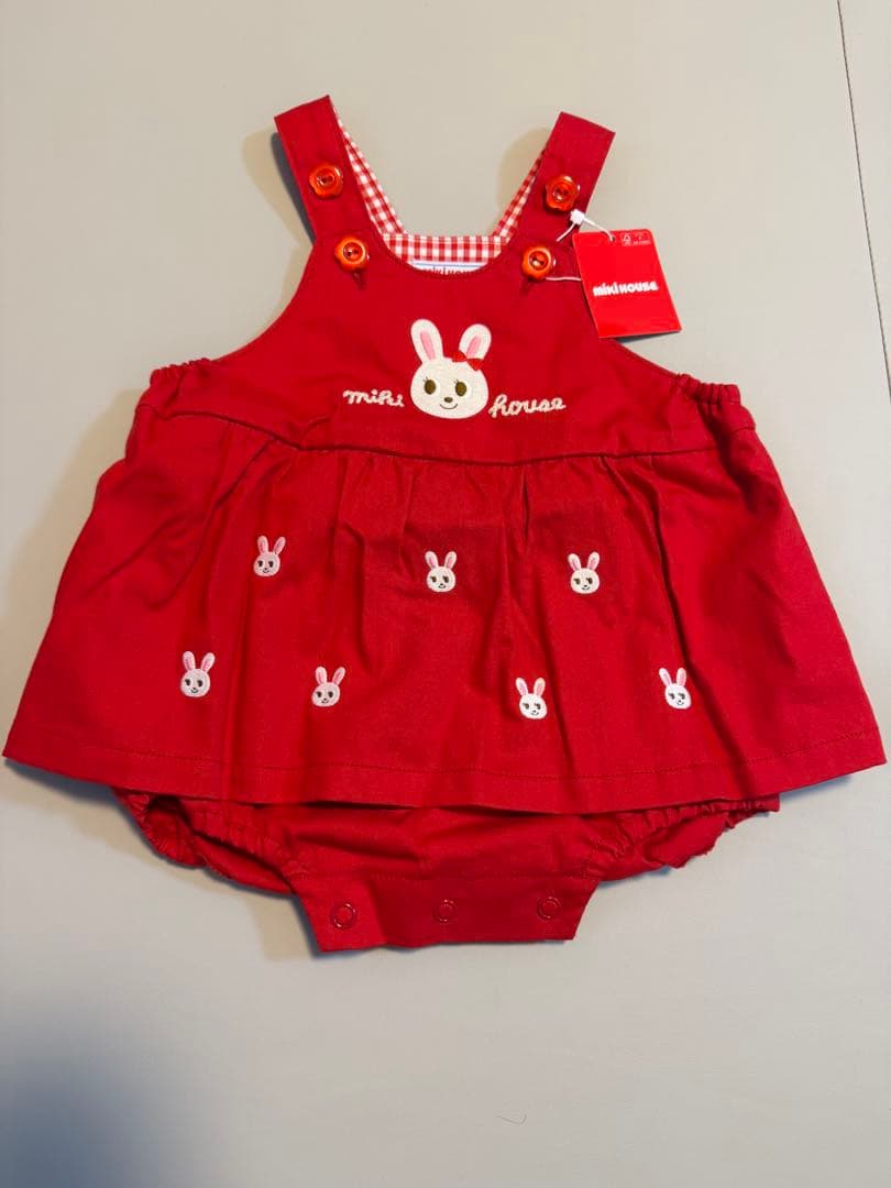 新品未使用タグ付】ミキハウス ロンパース 赤 刺繍ホワイトブラウス