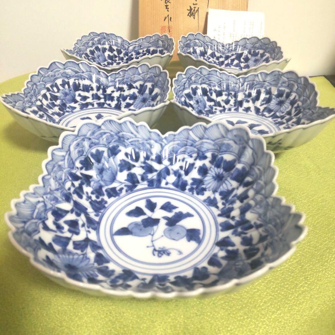 山本長左 九谷焼 向付 波文 唐草 鉢 5枚 箱付 - メルカリ