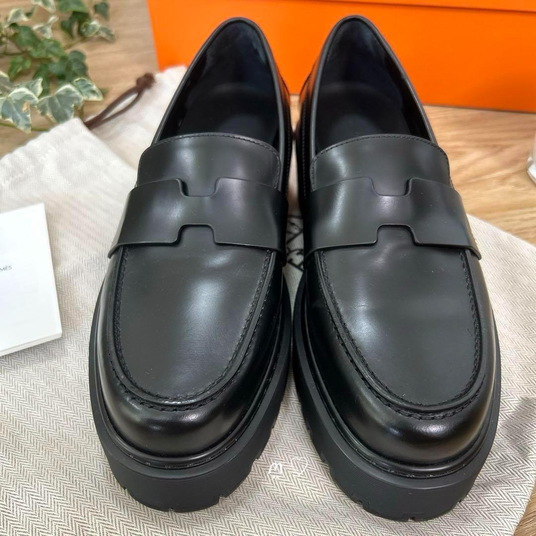 HERMES エルメス ヒッチ ローファー モカシン 37 23.5cmブラック