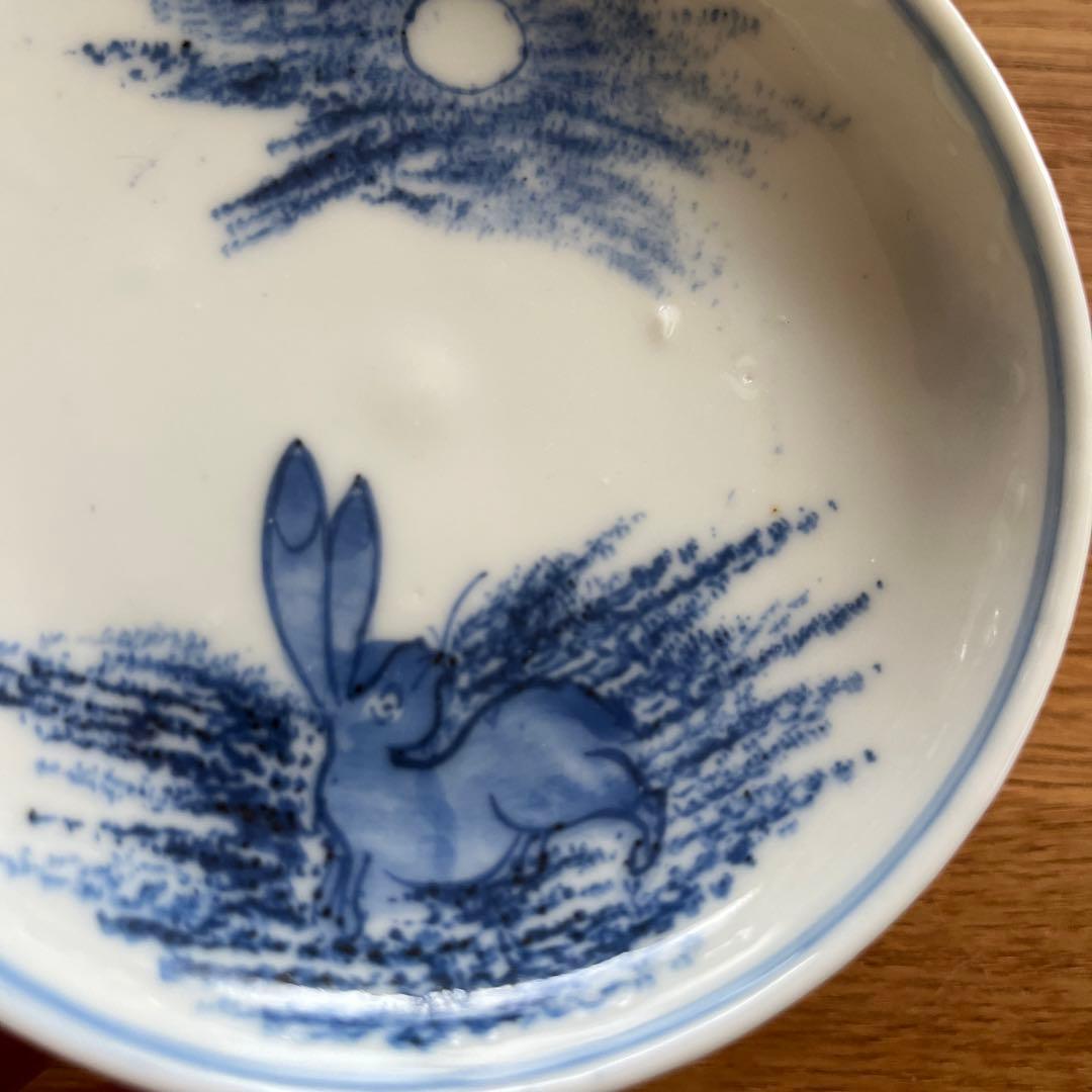 染付 手書き 小皿 古伊万里 月見兎図 うさぎ 兎 月 骨董 アンティーク