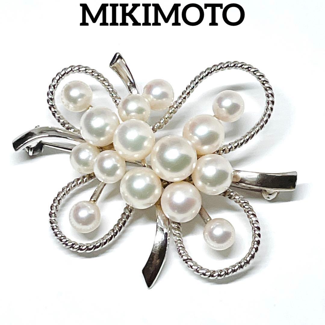 美品✨MIKIMOTOミキモト アコヤパール　ブローチ　15球　フラワー　リボン MIKIMOTO（ミキモト） ブローチ あこや真珠 アコヤ パール K14 新品